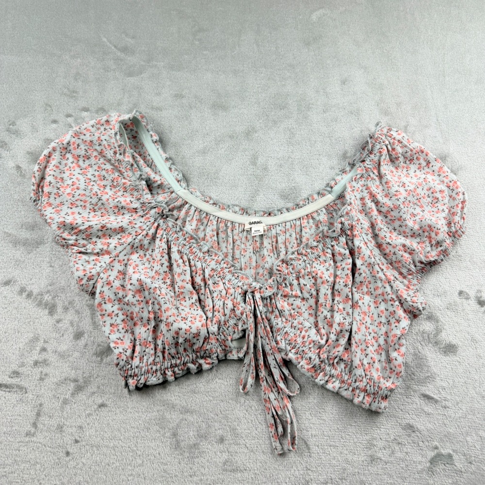 Garage Women's Medium Blue Pink‎ Floral Tie Front Puff Sleeve Crop Top 100064928